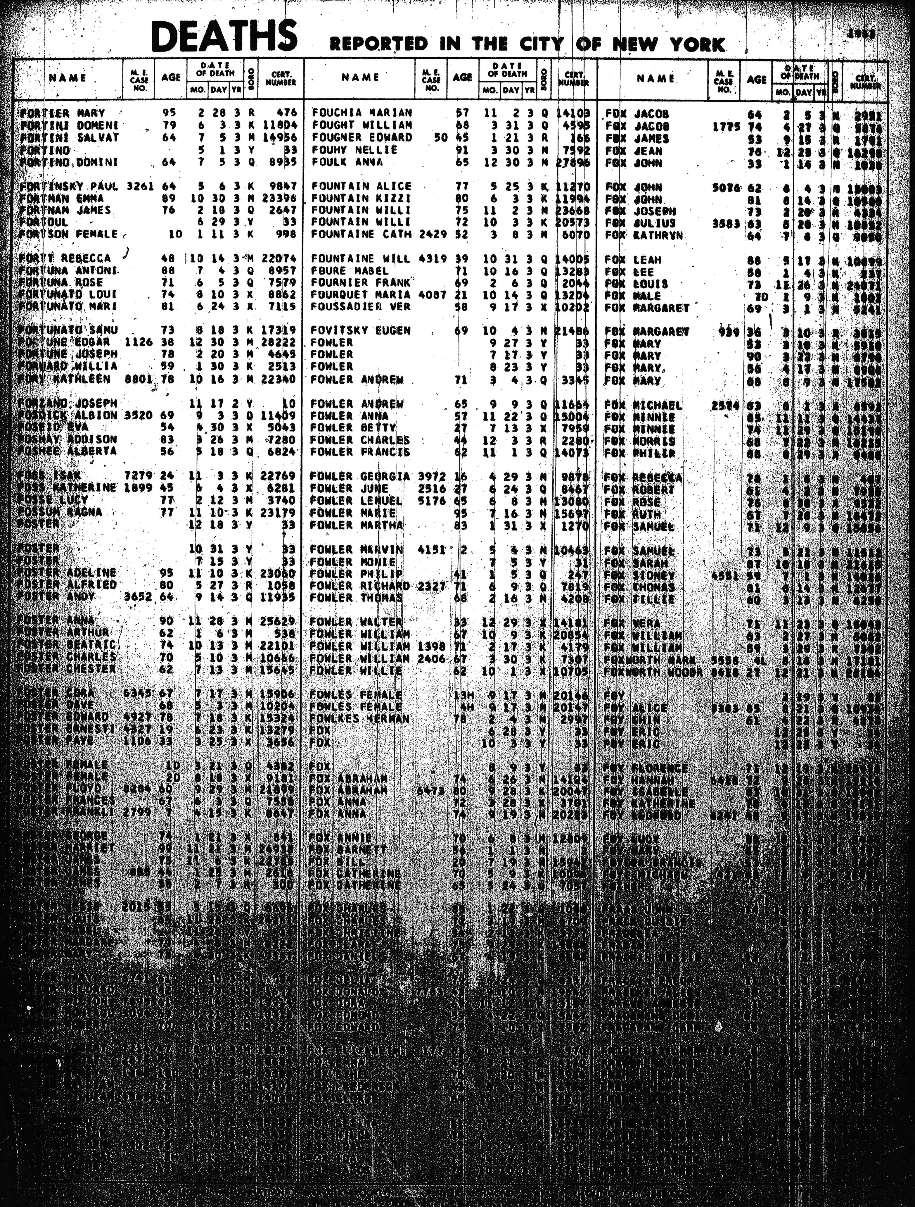 Fowler death record, city of NY, from microfilm